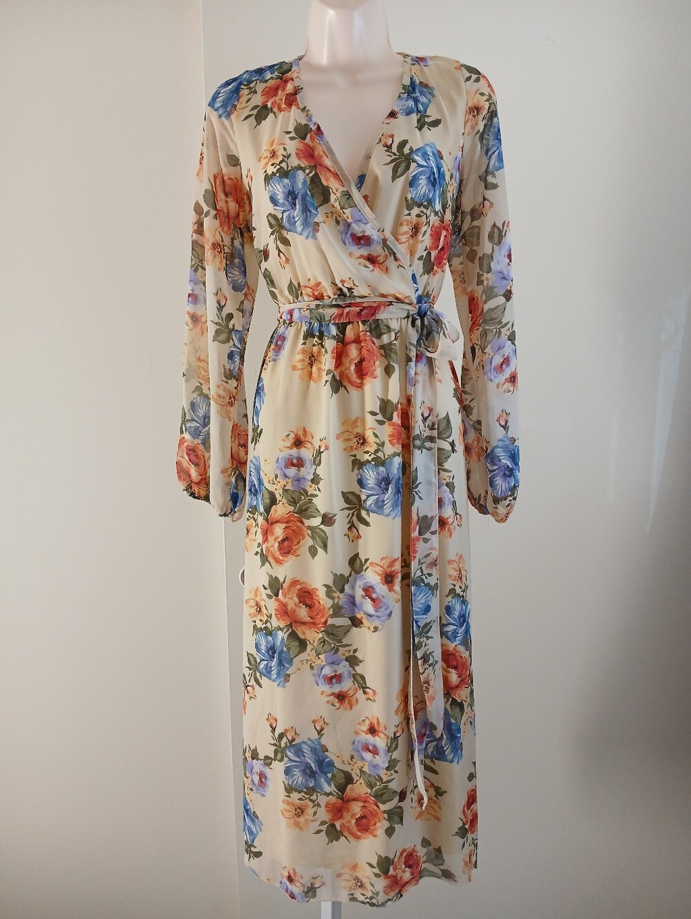 Espresso Women's Cream Floral Wrap Midi Dress Blue Coral Print Long Sleeve (L)